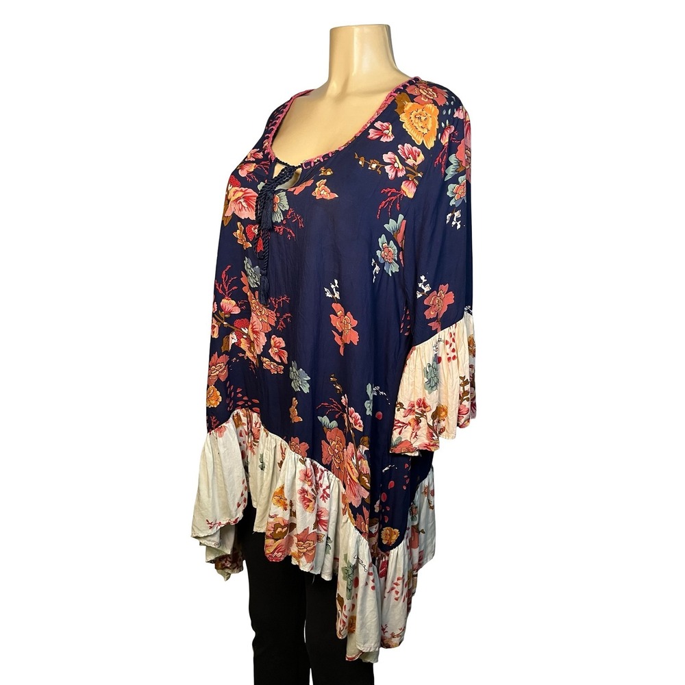 Lula Soul Womens Medium Floral Boho Tunic Top Navy Blue Ruffle Bell Sleeve Tie